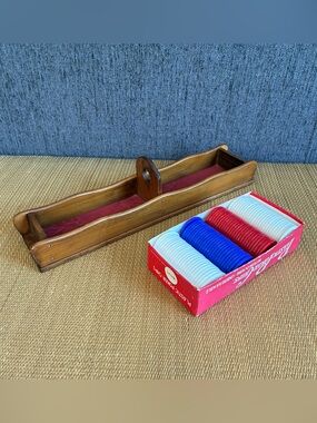 Vintage Wooden Poker Chip Caddy & Box Wales 100 Plastic Poker Chips MCM Set